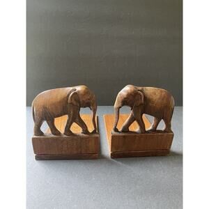 Vintage Wooden Carved Elephant Folding Hinged Bohemian Brown Bookends